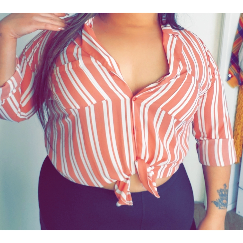 Pink and white striped button up blouse